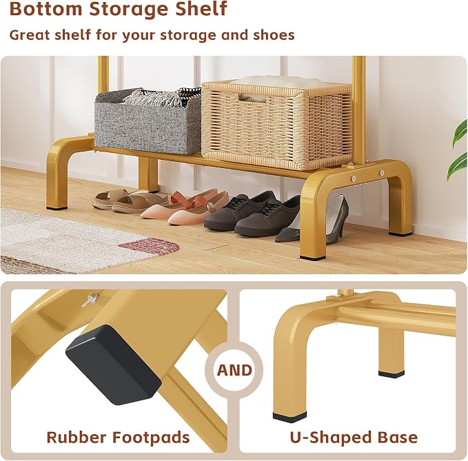 Garment Rack Clothing Clothes Rack for Clothes Organizing Gold | Standard Metal 34 Inches Garment Rack with Bottom Shelf for Hanging Clothes Coats Jackets Shirts Sweaters Jeans Gold