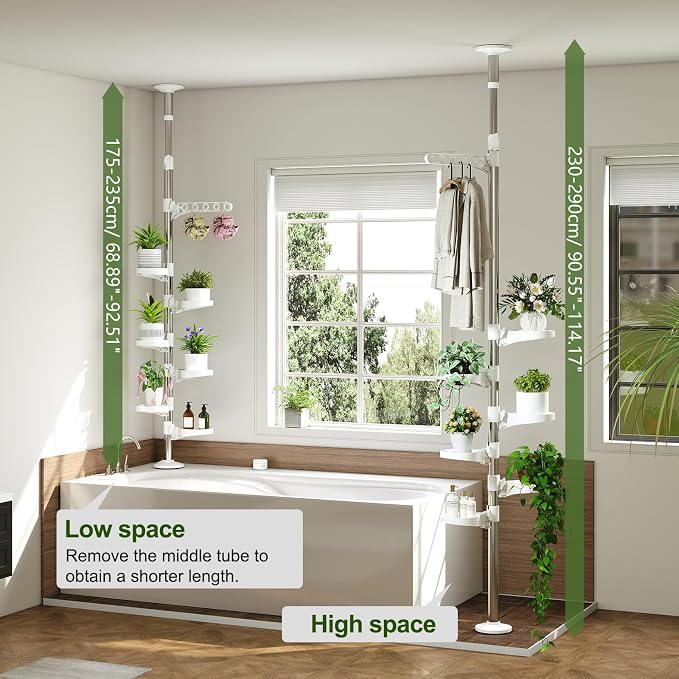 BAOYOUNI Plant Stand 7-Tier Tension Pole Metal Flower Rack Corner Ivory | Spring Loaded Pole,No Drilling Required ，Adjustable Height ,Space-Saving Corner Design， Holds Multiple Flower Pots