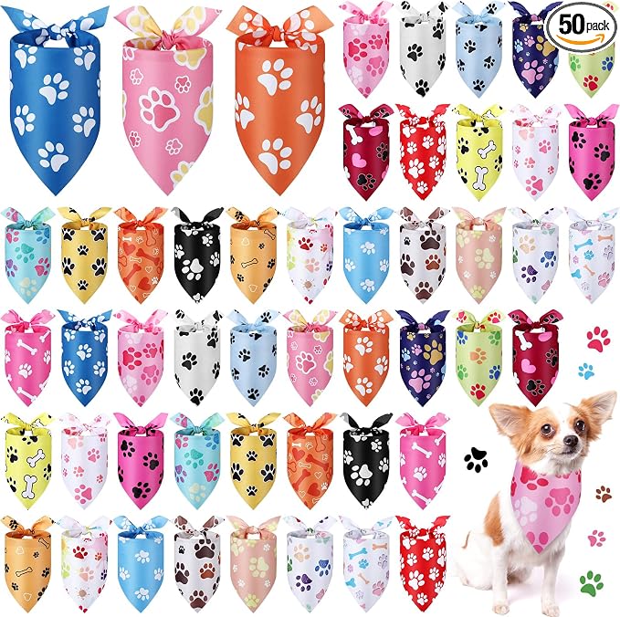 Abbylike 50 Pcs Paw Print Dog Bandanas Bulk, National Dog Day Paw & Bone