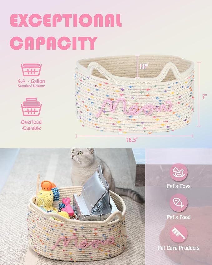 Sea Team Cat Toy Storage Basket with Handles and Ears, Rainbow Meow | Large Cotton Rope Storage Bin, Shelf Basket, Organizer for Pet Chew Toys, Foods, 16.5 x 11 x 7 Inches, 4.4 Gallons
