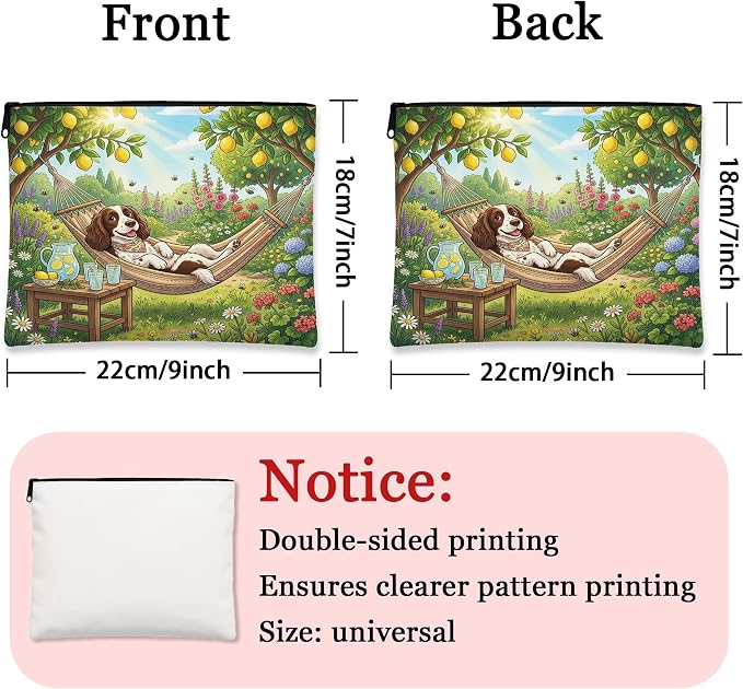 Springer Spaniel Dog Makeup Bag, Country Lemon Floral Plant Cosmetic Travel Pouch for Women, Gifts for Girls, Pet Portable Small Canvas Zipper Organizer 7x9 Inch