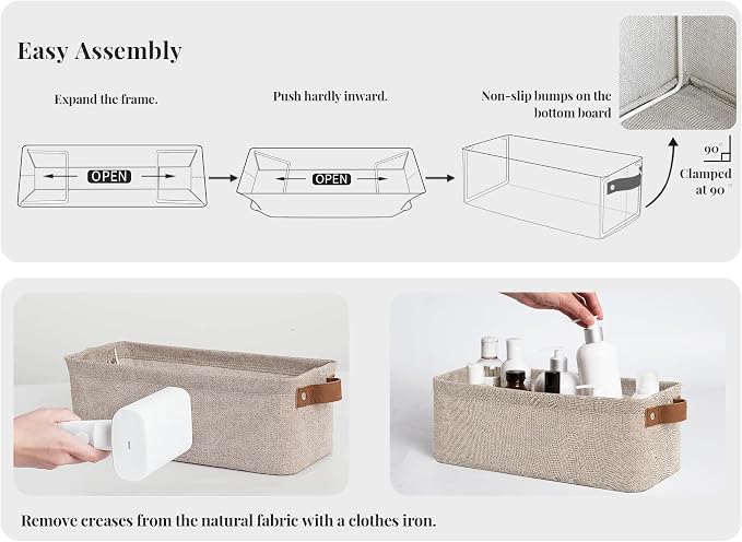 StorageWorks Narrow Storage Bins, Long Baskets, Brown and Beige, 2-Pack | With Metal Frame, Sturdy Structure, Reinforced PU Handles, Toilet Paper Storage, Small Baskets for Bathroom, Closet, Shelf