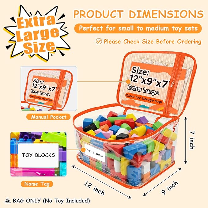 HOUYEE 6 Pack Extra Large Clear Toy Storage Bags With Zipper (Colorful) | Toy Organizer Bags with Name Tags and Mesh Pocket,Reusable PVC Waterproof Storage Bags for Toys, Board Games, Building Blocks
