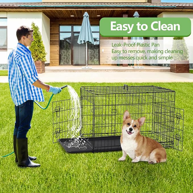36 Inch Large Dog Crate, Heavy Duty Dog Crates for Large Dogs, Metal Wire Folding Dog Cage with Removable Trays, Locks, Double-Door, Divider Panel, Handle, Puppy Crate Pet Crate (36 in, Black)