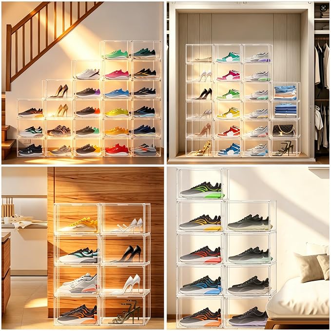 10 Pack Clear Acrylic Shoe Sneaker Boxes Fits Size 13, Wide Magnetic Door | Stackable shoe showcase for sneakers, high tops, large shoes, shoe collection display storage. Exterior 14.1 x 10.6 x 8.9 in