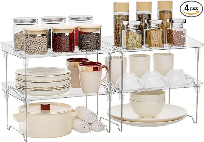 STARLATTA Acrylic Cabinet Organizer Shelf,4 Pcs Stackable Kitchen Counter Shelves,Spice Rack,Countertop Organizers,Clear Plastic Storage Organization for Makeup，Bathroom,Cupboard,Desk,Pantry
