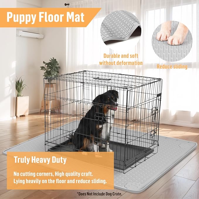 Silicone Dog Bed Mat 34"x 22" Crate Mat for Dog Cages, Light Grey | Extra Large Kennel Mat with Raised Edge, Washable, Leakproof, Waterproof Dog Mat for Crate, Dog Floor Mat to Protect Floors