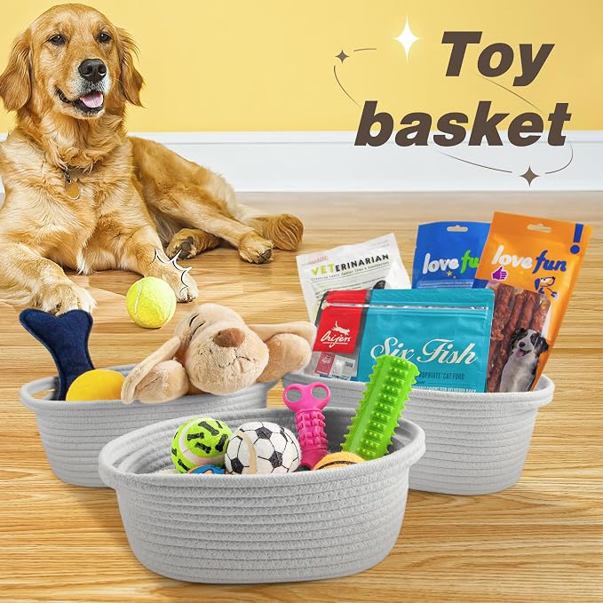 Pro Goleem Small Woven Basket with Gift Bags and Ribbons Durable Baskets for Gifts Empty Small Rope Basket for Storage 12"X 8" X 5" Baby Toy Basket with Handles, Gray