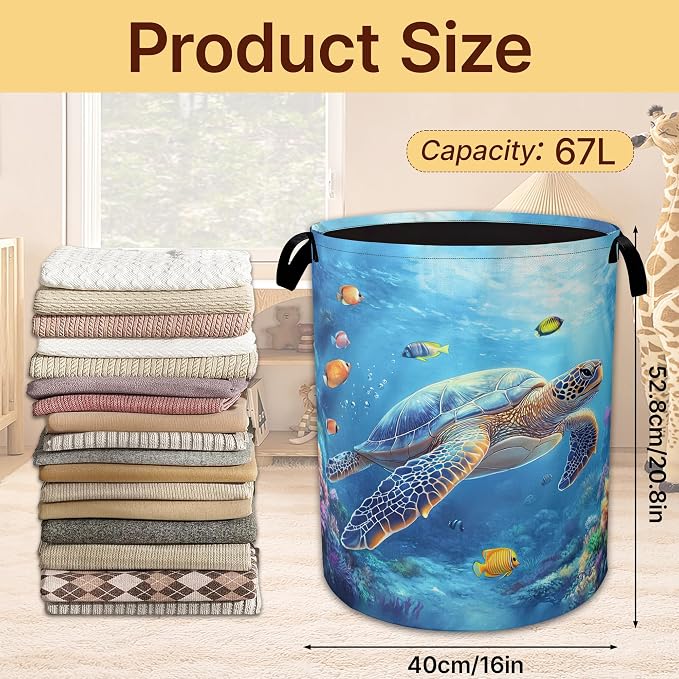 Laundry Hamper Foldable with Handles,Sea Turtle Oxford Cloth Basket,Fish Coral Colorful Large Capacity Storage Organizer for Bedroom Bathroom Dorm Room
