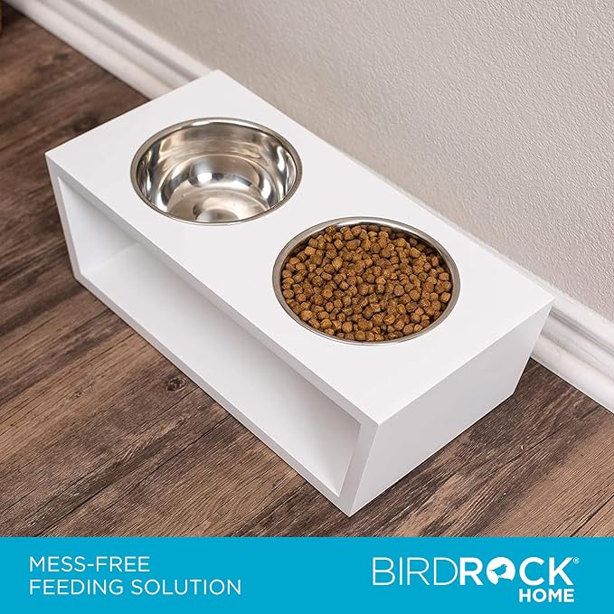 INTERNET'S BEST Modern Elevated Pet Feeder - Double Raised Stand w/Stainless Steel Bowls - Dog Food & Water Holder - Suitable for Medium Breeds - Pet Feeding Tray for Dogs, Cats - 2 Bowls - White
