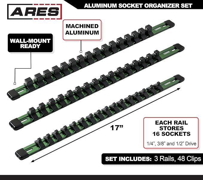 ARES 60045 3-Pc 1/4,3/8,1/2-In Green Socket Rail | Part No. 60045; 1/4-Inch, 3/8-Inch, and 1/2-Inch Drive Socket Organizers Hold 48 Sockets