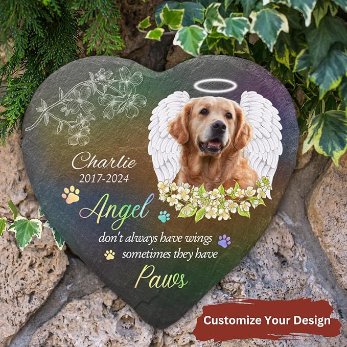 Wrappiness Pet Memorial Stone - Angels Sometimes Have Paws, Personalized Dog Memorial Gifts, Remembrance Condolences Bereavement Gifts for Loss of Pet Custom Photo (Heart 07, Stone with Stand)