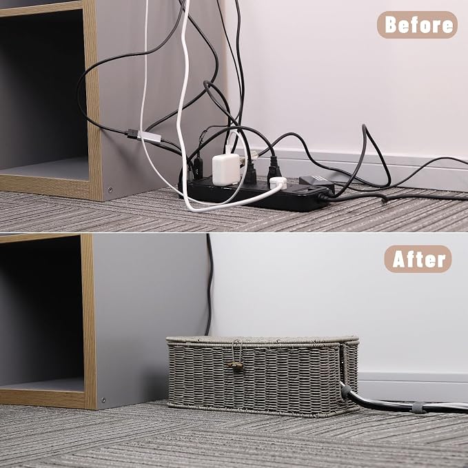 Cable Management Box, Cord Organizer with Lid & Cable Ties - Gray Set | Handmade Open Slots Cord Hider Outlet Covers for Power Strip TV PC Router Charger Under Desk Storage