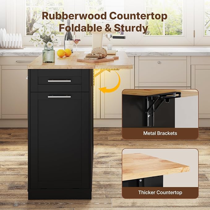 Dripex 41.5'' Rolling Kitchen Island with Power Outlet, Trash Can & Storage | Kitchen Island with Storage & Drop Leaf, Rubberwood Top, 3 Drawers, Mobile Kitchen Island on Wheels for Dining Room, Black