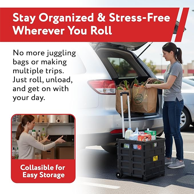 dbest Products Quik Cart Pro Collapsible Rolling Crate on Wheels - Black | Roll Up to 120 lbs Capacity, Heavy Duty Plastic Construction, Telescoping Handle, Folding Utility Cart