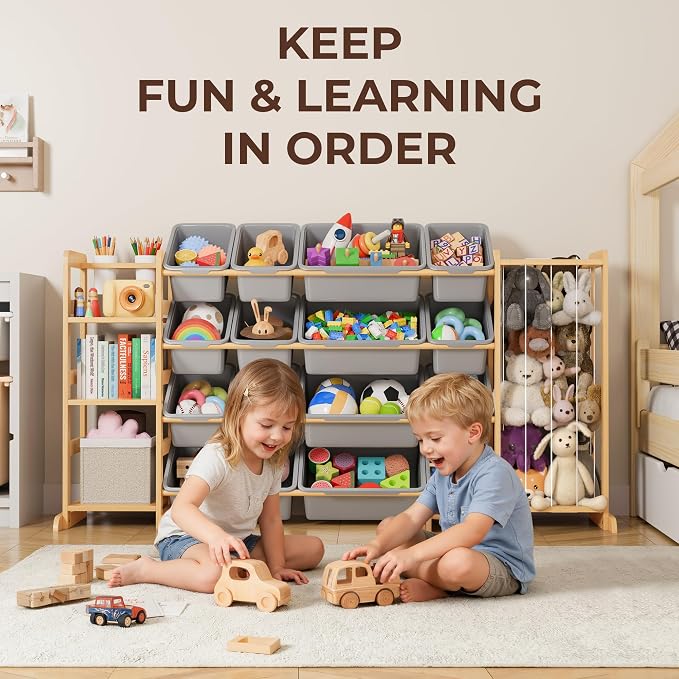 Toy Storage Organizer with Bookshelf and Stuffed Animal Storage - Kids Playroom Organization with Shelves and 16 Toy Bins - Toddler Living Room Toy Box for Lego - Nursery Bedroom Decor Essential