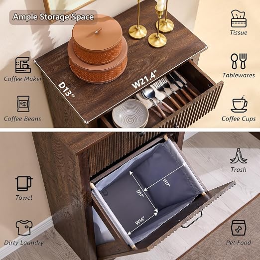 IFGET Tilt-Out Trash Can Cabinet, Fluted Laundry Hamper Cabinet, Brown