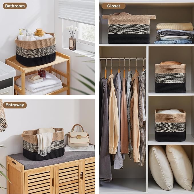 OIASKET Storage Basket for Organizing, Woven Baskets for Storage, Rectangle Decorative Baskets for Shleves, Closet, Toys, Books, Nursery Organizer Bins - Pack of 3 (Black & Brown, 13"x9.85"x8.7")