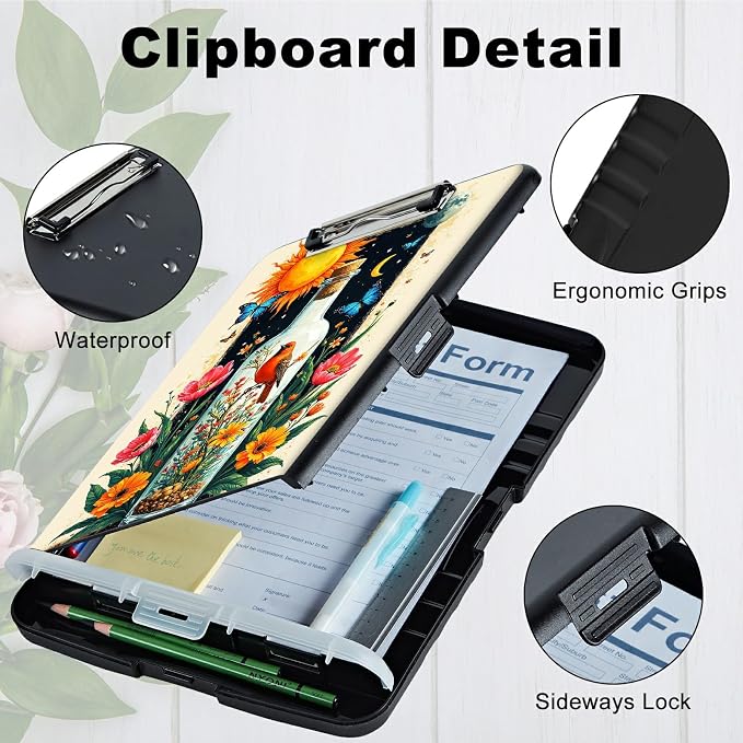 A4 Clipboard with Storage Pen Holder, Clipboards Organizer Nursing Clipboard Foldable File Folder Plastic Clipboard Folio Clip Board for Office Work Classroom Doctor, Drift Bottle Flowers