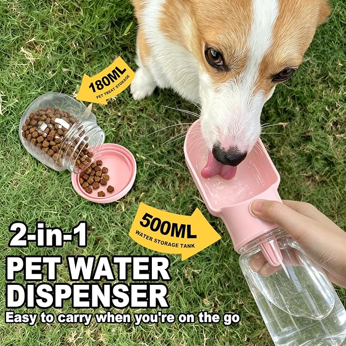 Pink Large Portable Dog Water Bottle with Food Container | Travel Dog Water Bowl(500ml),Food Container(180ml),Leak-Proof,2-in-1 Pet Essential Outdoor Supplies for Walks Hikes Campsites