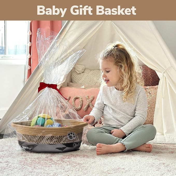 Woven Rope Dog Toy Basket with Paw Print, Black Brown | 12"x 8" x 5" Small Dog Toy Bin & Box with Handles, Fits Living Room Bedroom Nursery Organization, Gift Basket Empty for Pets