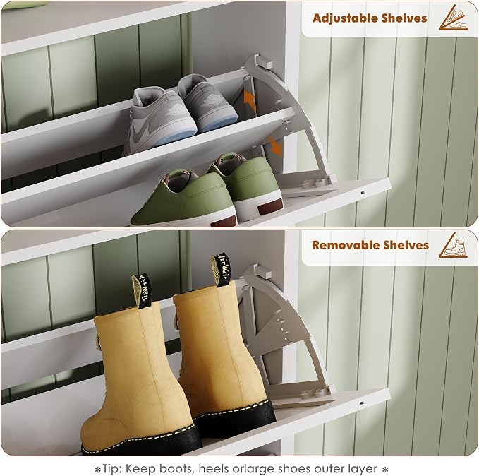 Shoe Storage Cabinet with 2 Flip Drawers for Entryway,White | Narrow Shoe Storage Organizer Rack, Hidden Shoe Cabinet with Adjustable Shelves for Entryway, Hallway, Living Room