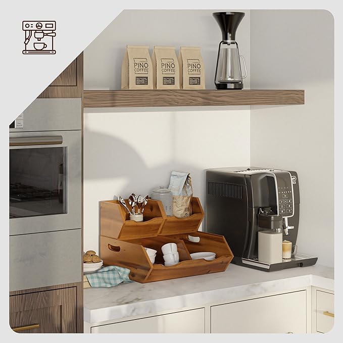 Tidita Potato & Onion Storage Bin, Stackable Pantry Bins (Patent Pending) | Acacia Wood, No Assembly, 3 Stackable Bins, Integrated Handles, 50LBS Capacity, Non-Skid Pads, Multi-Use, Acacia Wood Color