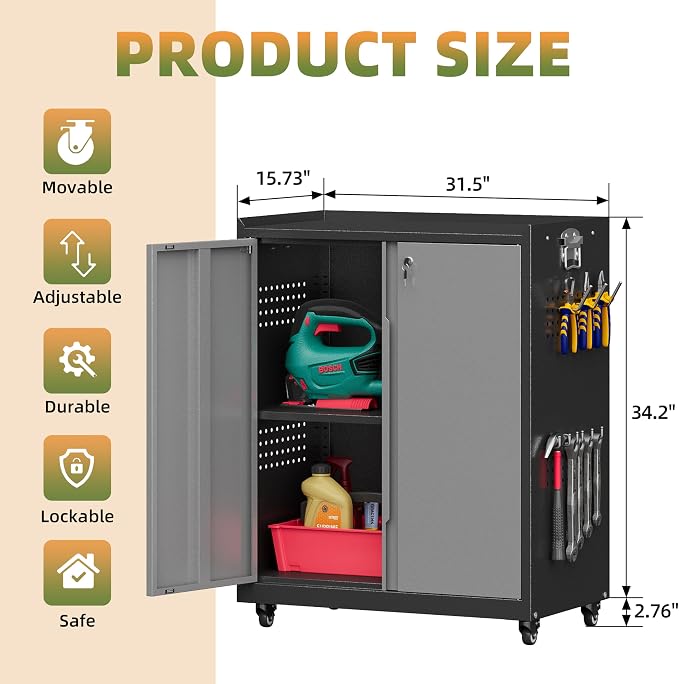 34''H Garage Storage Cabinet, Meatl Storage Cabinet with Lock | Tool Storage Cabinet, Steel Tool Cabinet with Doors and Shelves for Garage, Warehouse, Assembly Required, Gray