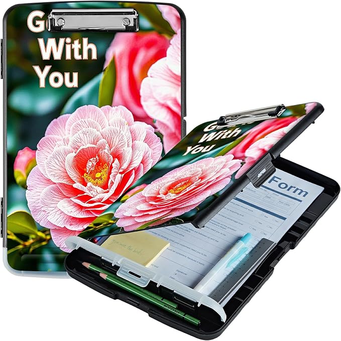 A4 Clipboard with Storage Pen Holder, Clipboards Organizer Nursing Clipboard Foldable File Folder Plastic Clipboard Folio Clip Board for Office Work Classroom Doctor, Pink Peony