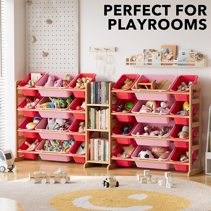 SpaceAid Large Toy Storage Organizer with 24 Bins and 3 Shelves, Toy Organizers Storage Bookshelf, Kids Bin Shelf Box Bookcase for Bedroom Playroom Organization Room Decor, Red and Pink