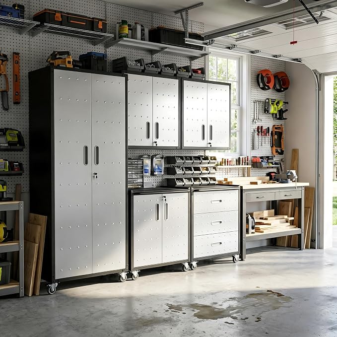 Garage Cabinet System | Heavy Duty Steel All-in-One Modular Garage Cabinet Set for Ultimate Workshop Organization | Easy Assembly Garage Storage Cabinets & Tool Bench