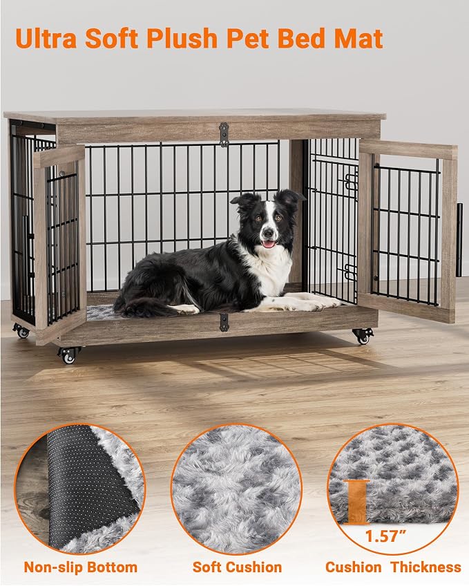 YaFiti Dog Crate Furniture, 38.5" Wooden Indoor Dog Kennel, Grey | Cushion, Wheels, Double Doors, for Large/Medium Dogs, Up to 70 lb, Furniture Style, Side End Table, Decorative Pet Cage House