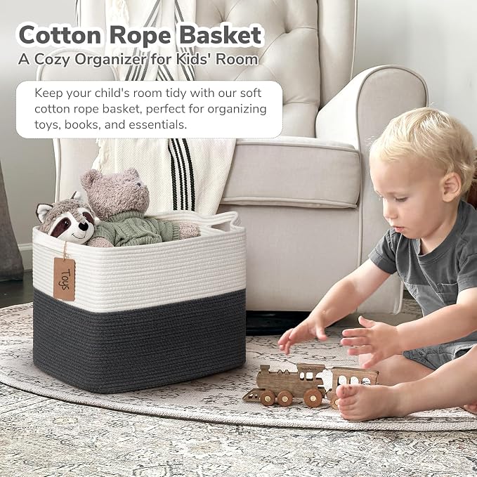 Goodpick 50L Large Woven Rope Storage Basket, Rectangle, Dark Gray | 18" × 14" × 12" Decorative Gift Basket for Living Room & Nursery Organization, Fits Blanket & Toy Storage, Writable Label