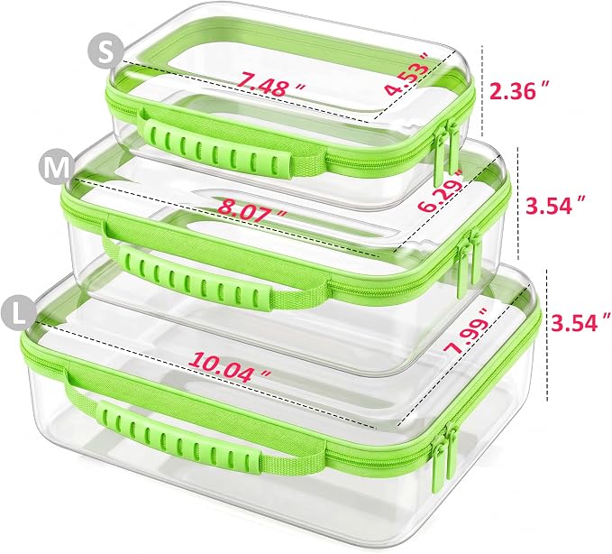 Clear Hard Shell Organizer Cases, 3 Pack with Handle | Durable PET shell with water-resistant, scratch-resistant surface for travel, toiletries, electronics and toys
