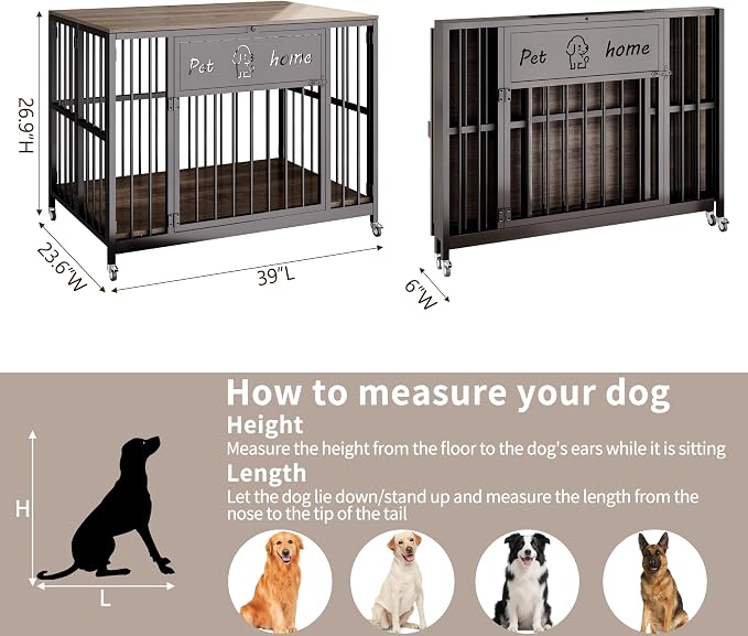 39" Foldable Dog Crate Furniture, Muyi Gray, Wooden End Table TV Stand | RGB Ceiling Lights, Silent Casters, For Small Medium Dogs, Multi-Purpose