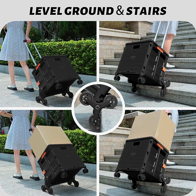 FELICON SELORSS Folding Utility Climber Cart Portable Rolling Crate-Black | Stair Climbing Wheels+360°Swivel Wheels,Telescoping Handle,Plastic Box Dolly for Travel Shop Move Laundry Office Teacher Use