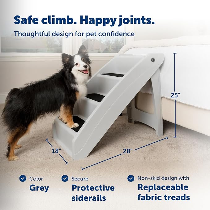 PetSafe CozyUp Folding Dog Stairs, Portable Indoor/Outdoor Pet Steps for Bed, Couch & Car, Grey, 25 Inch | Portable & Foldable 4-Step Stairs, Non-Skid Feet, Side Rails, Dog Steps for Bed, for Dogs up to 200 Lb