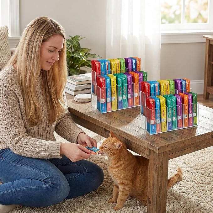 2 Pcs Lickable Cat Treats Organize, 2-Tier Acrylic Squeeze Up Cat Food Storage Container for Lickable Wet Cat Treats Storage Holder for Kitchen Cabinet Pantry Shelf Kitchen Storage Holder Container