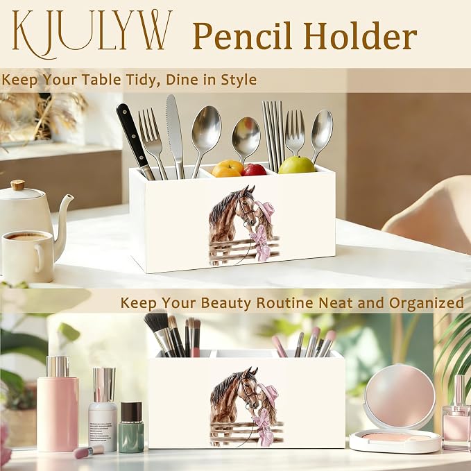 Western Cowgirl Pen Holder for Desk, Horse Gifts for Girls, Farmhouse Cowgirl Horse Wooden Box Pencil Pen Holder Organizer for Home Office Desk Accessories