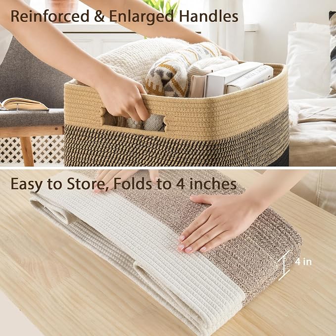 Optish 95L Large Woven Blanket Basket, Cotton Rope Laundry Basket, Brown | Sturdy Cotton Rope Basket Organizer Blanket, a lot of Toys, Comforter, Pillows, Bedroom, Living Room, Bathroom, Easy to Carry