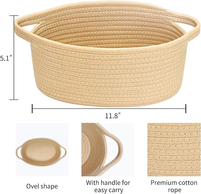 ABenkle Small Basket with Handles, Boho Decorative Rope Woven Dog Cat Toy Storage Bin Shelf Storage Organizer, Easter Christmas Gift Basket, 12"x8"x5"