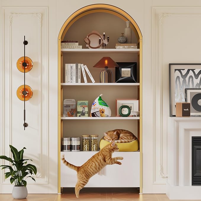 Kepptory Arched Cat Storage Shelf, 5-Tier Cat Tower Display Rack with Cabinet