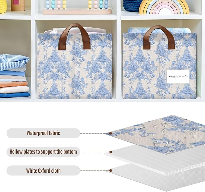 Blue Beige French FloralStorage Bins for Shelves with Labels&Handles Fabric Organizer Bin Foldable Rectangle Storage Basket Boxes for Closet, Bathroom, Home, Living Room