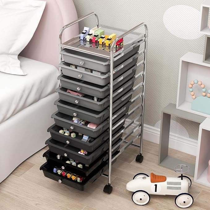 10 Drawer Rolling Storage Cart, Organization Cart with Drawers for Craft Makeup Paper Tool Art Supply, Versatile Utility Cart on Wheels for Home Office Classroom School (Gradient Gray)