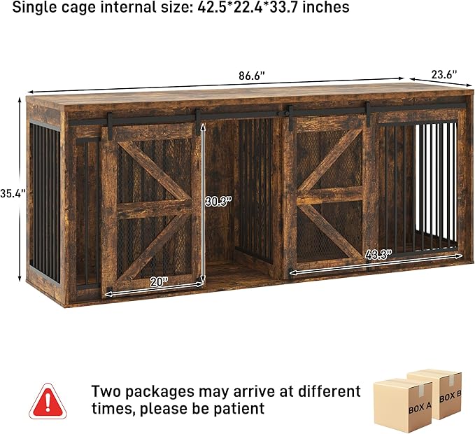 jiteentarou87In Farmhouse Dog Crate TV Stand, Wooden Dog Kennel Furniture with Sliding Metal Mesh Barn Door, Large Dog Crate Furniture for 2 Dogs, Solid Metal Tube & 2 Lockable Doors, Rustic Brown