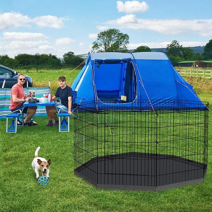 Peekaboo Dog Playpen 30 in, 8 Panel Metal Rustproof Pet Fence with Cover | 30 Inch 8 Panel Foldable Rustproof Black Metal Dog Playpen with Octagonal Waterproof Bottom Cover
