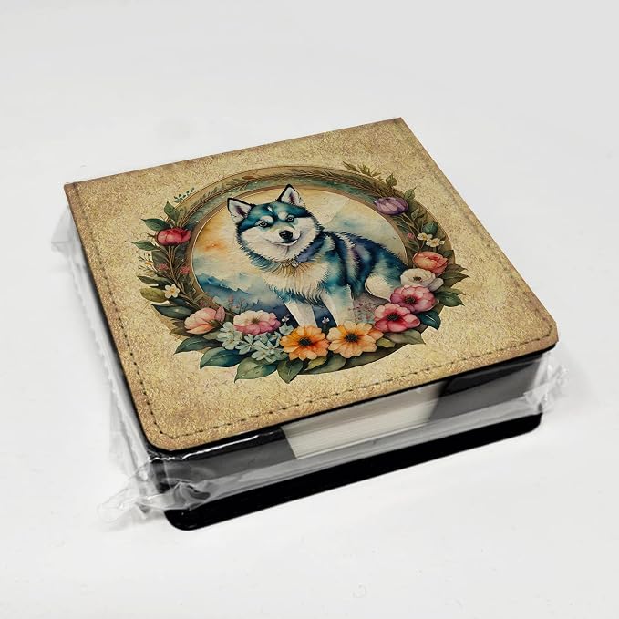 Caroline's Treasures Alaskan Klee Kai and Flowers PU Leather Note Paper Holder with Artist-Designed Cover, Desk Accessory, Office Gift