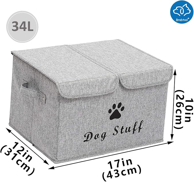 Large Dog Toys Storage Box Canvas Storage Basket Bin Organizer with Lid - Collapsible Linen Bin Ideal for Organizing Dog Cat Toys and pet stuff-PP Boad-17" x 12" x 10" - Snow Gray