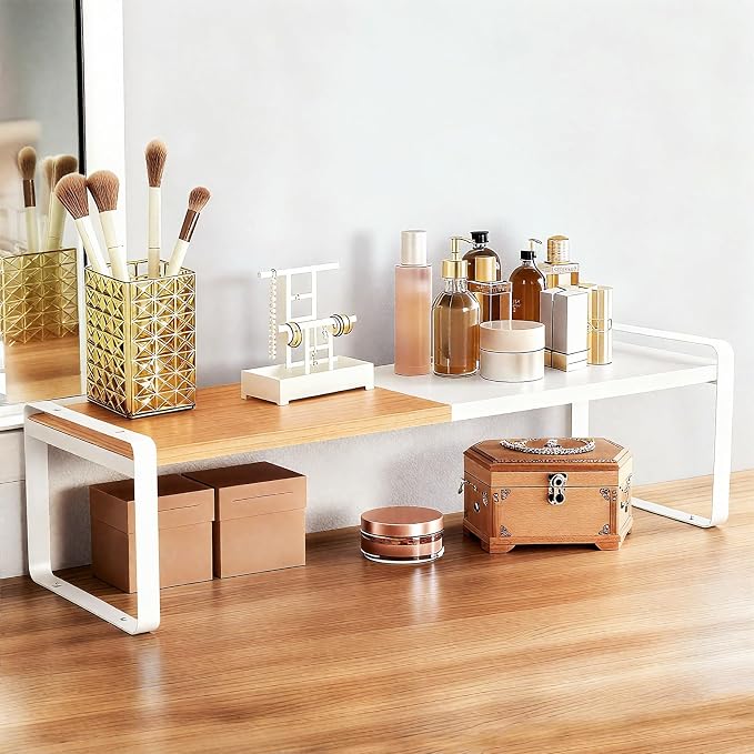 Bamboo Cabinet Organizer Shelf, Expandable Cupboard Storage White | Maximize your kitchen counter shelf space with this 13-21.5 inch expandable, stackable bamboo spice rack