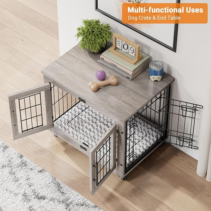 2 Pack Dog Crate Furniture, 27.1'' Heavy Duty Kennel with Cushion & Wheels | Grey, Double Doors, Wooden Dog Cage, Chew-Resistant, End Table, Decorative, 27"/32"/38"/44" Options, Indoor
